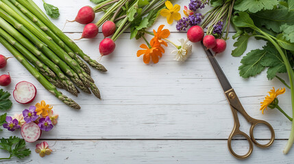 Aesthetic still life with spring ingredients on a textured wooden table.