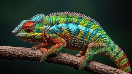 Obraz premium Colorful chameleon perched on branch against dark background