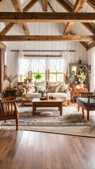 A charming and rustic living room with exposed wooden beams and a comfortable floral sofa.