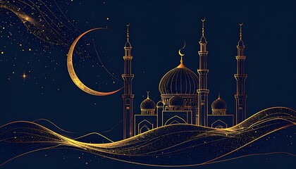 Islamic Mosque Illustration with Crescent Moon Night Scene.