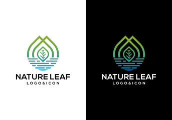 Water drop and leaf icon logo vector with linear lines. Modern minimal style logo design.