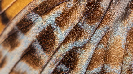 Macro image of a butterfly wing with intricate brown, blue, and gold patterns, showing natural texture and scale structure