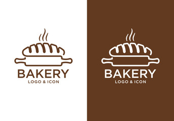 Bread logo icon vector with rolling pin. Food logo vector design.