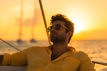 Successful man leisurely relaxing on a luxury yacht against a beautiful sunset backdrop yellow background
