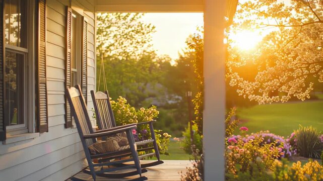 Tranquil porch at sunset with rocking chairs and blooming garden