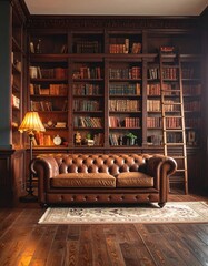 A classic library with a leather sofa, extensive wooden bookshelves, and a warm lamp.