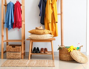A cozy and organized entryway featuring wooden furniture, woven baskets, and various garments.