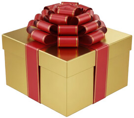 Golden gift box with a red ribbon and bow featuring gold trim