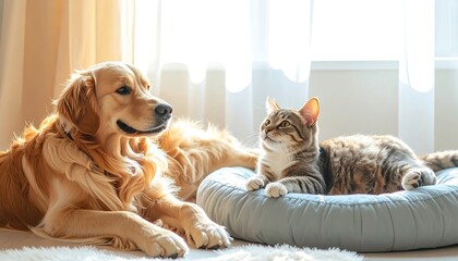 Obraz na płótnie Canvas A golden retriever and tabby cat share a cozy moment. Sunlight streams in, illuminating the pets on a soft bed