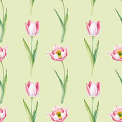 Seamless watercolor pattern with spring flowers, delicate floral elements, soft pastel colors, hand-painted style, for greeting cards, posters, wedding invitations, vector