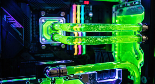 Custom Gaming PC Water Cooling System with Green Liquid Pipes