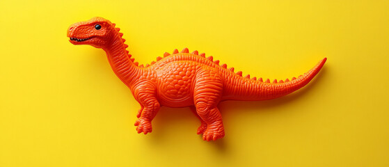 A bright orange dinosaur toy on a sunny yellow background is suitable for creating an atmospheric backdrop for children in advertising or educational materials.