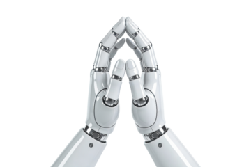 Two robotic hands forming a prayer or unity gesture, symbolizing trust, cooperation, and ethical artificial intelligence. Isolated PNG clipart for technology philosophy and future concepts.
