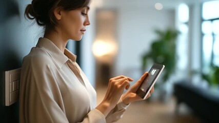 Close up individual at residence automation touch screen panel faceless woman defocused home background smart technology control domestic system interface digital house manage - Powered by Adobe