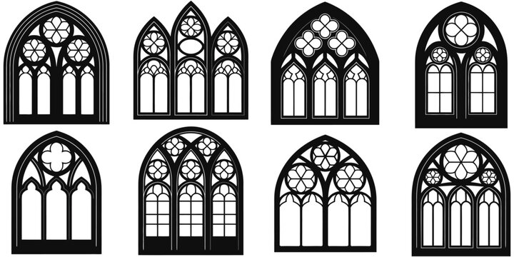 Set of gothic window frames silhouette vector illustration, collection of medieval and cathedral-inspired architectural designs, decorative frames, arched windows, church motifs, and high ranking 