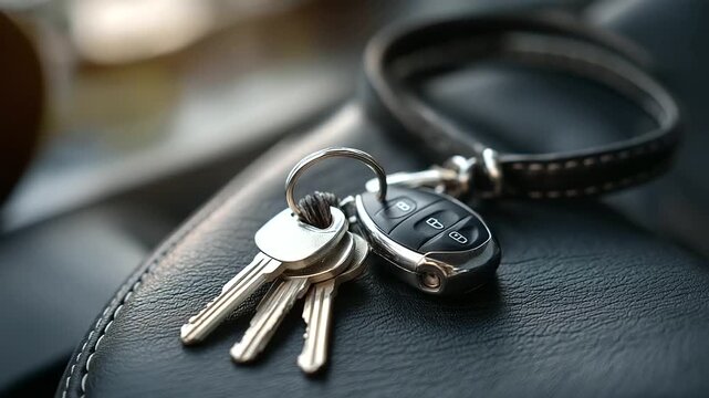 Close up shot of vehicle key and other keys attached to keyring defocused black leather strap background automobile access visualization security device display with copy space