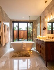 A luxurious modern bathroom featuring a freestanding bathtub and a large wooden vanity.