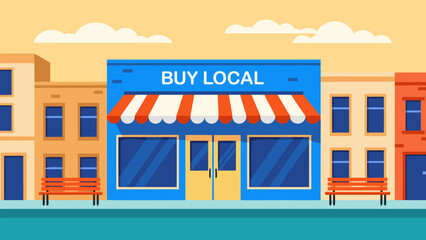 Illustration of a charming local business storefront with a 'Buy Local' sign, encouraging community support and economic growth