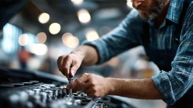 Close up of skilled automotive mechanic working on engine with tools faceless professional defocused bustling garage background mechanical repair scene service expertise moment - Powered by Adobe