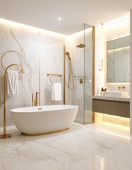 A luxurious modern bathroom interior featuring a freestanding tub, walk-in shower, and elegant marble finishes.