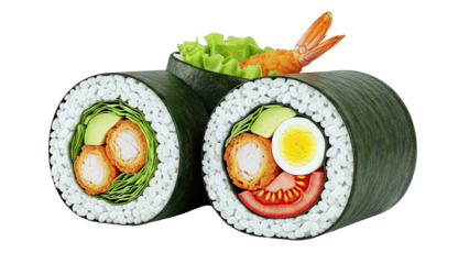Gourmet Sushi Rolls with Shrimp, Chicken, Avocado, Egg, and Tomato