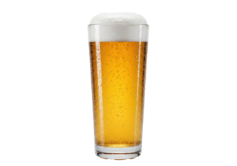 A chilled Pilsner glass with golden-amber lager beer, voluminous white foam, and shimmering condensation, isolated on a transparent studio background. Concept for beverage advertising