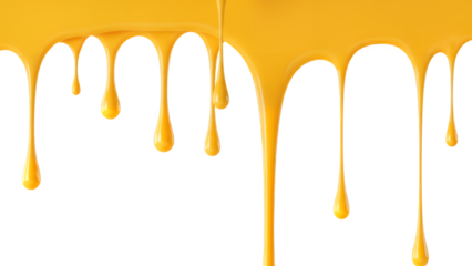 Vibrant yellow liquid dripping isolated on transparent background, flowing down in slow motion, creating a sense of dynamic movement and fluidity