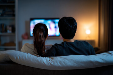 Couple watching a streaming movie on a couch at home, streaming provider, streaming services 