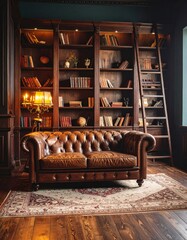 A warm library room with a grand wooden bookcase, a rolling ladder, and a leather sofa.