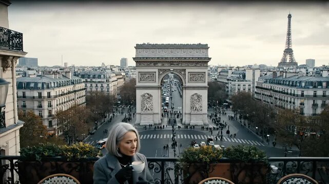 Woman drinks coffee on balcony viewing Paris Arc de Triomphe. Tourist enjoys coffee with Eiffel Tower view. Woman on Paris terrace drinks coffee overlooking Arc. Balcony coffee break in Paris city.