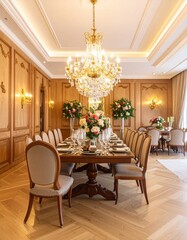 An elegant dining room features a grand chandelier, a long table, and beautiful floral arrangements.