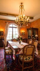 An elegant dining room with a grand chandelier, floral table, and classic chairs.