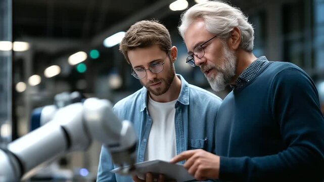 Engineer explaining robotic arm to manager in industrial facility faceless professionals defocused factory background technology training scene manufacturing education moment