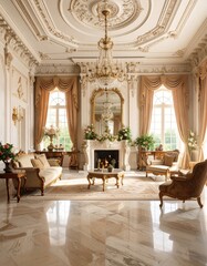 An opulent and elegantly decorated classical living room with ornate details and luxurious furnishings.