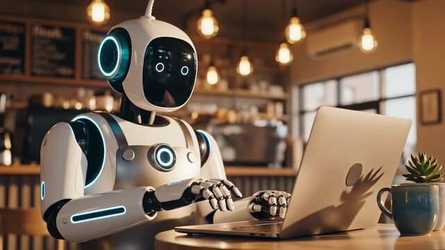 Robot works on laptop in modern cafe with coffee nearby. AI robot typing on laptop at table. Robot uses computer in cafe. Artificial intelligence works with laptop. Robot typing in restaurant.