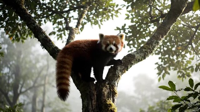 Red Panda Climbing Tree in Forest.