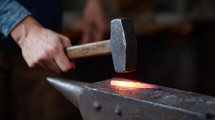 Person's hand holding a hammer and working on an anvil. the anvil is made of metal and has a sharp, pointed tip.