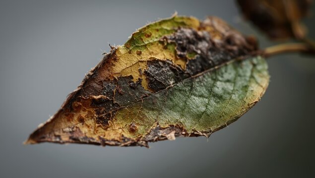 Indications of illness on a drying ketapang tree leaf
