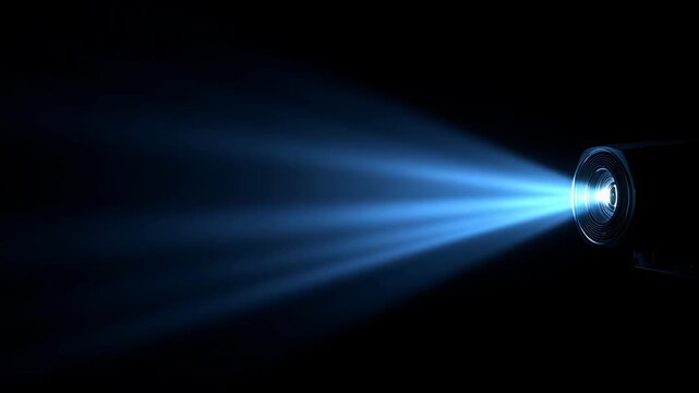 Cinematic blue projector light beam from technology lens shines powerful, mysterious ray, creating focused illumination and futuristic glow against dark background for cinema