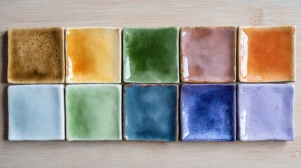 Collection of nine square ceramic tiles arranged in a grid-like pattern on a wooden surface. the tiles are of different colors and sizes, with each tile having a unique texture and color.