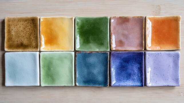 Collection of nine square ceramic tiles arranged in a grid-like pattern on a wooden surface. the tiles are of different colors and sizes, with each tile having a unique texture and color.