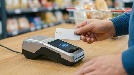 Person inserting contactless card into payment terminal in grocery store