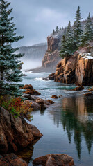 Snowy and Misty Acadia National Park Landscape in Maine, Hiking through Winter Atlantic Coastal Wilderness with Granite Cliffs and Pine Trees, Scenic New England Travel