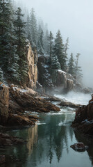 Snowy and Misty Acadia National Park Landscape in Maine, Hiking through Winter Atlantic Coastal Wilderness with Granite Cliffs and Pine Trees, Scenic New England Travel