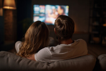 Couple watching a streaming movie on a couch at home, streaming provider, streaming services 