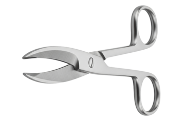 Open stainless steel medical bandage scissors or shears on a transparent background