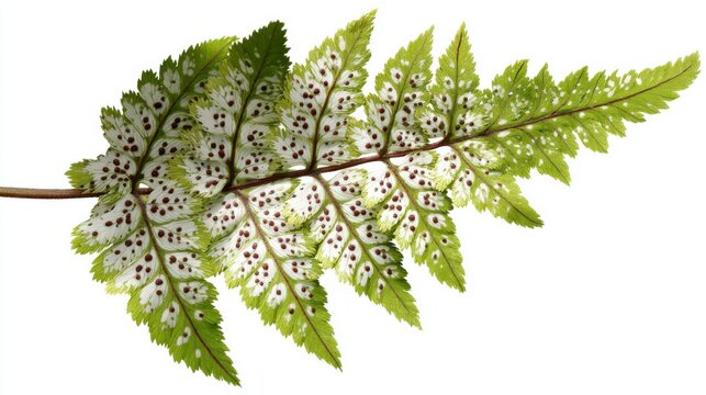 Close-up of polypodium fern leaf with green and white pattern.