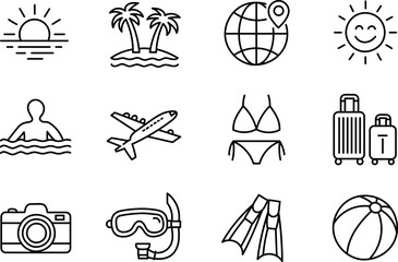 Hand Drawn Travel and Vacation Icons Set Line Style © VEECT STORE