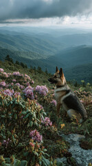 Blue Ridge North Carolina Hiking with German Shepherd, Catawba Rhododendron Blooms in Appalachian Mountains, Travel Destination and Outdoor Activity in North Carolina Highlands