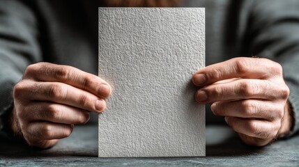Professional hands holding textured blank paper card for mockup design or presentation, highlighting tactile quality and modern minimalist aesthetic